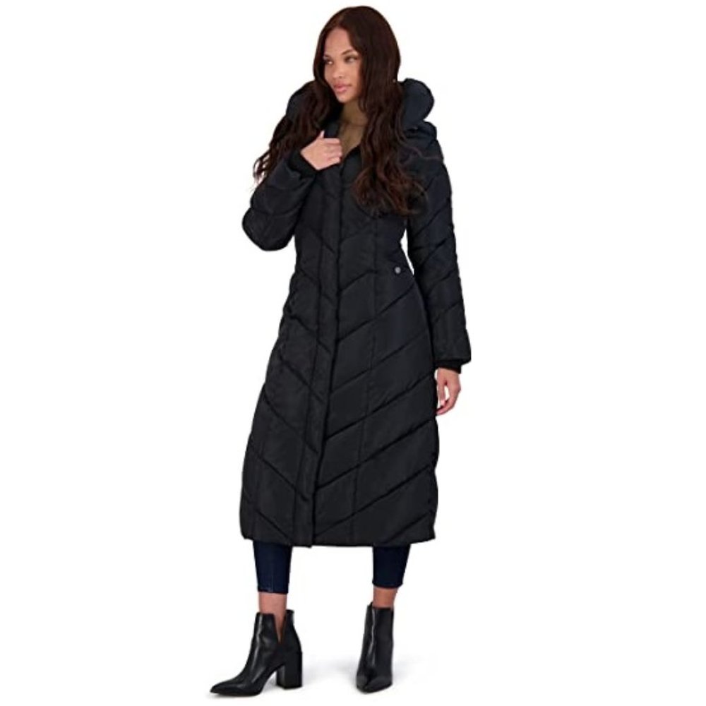 NWT Steve Madden Womens Winter Jacket Long Chevron Puffer Black L $200 E173